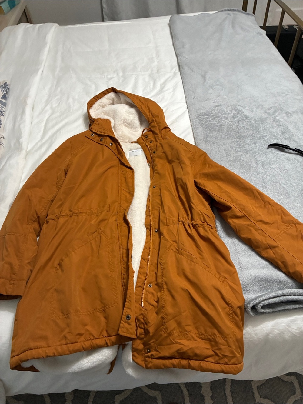 Old Navy Women's Hooded Field Coat in Burnt Orange with Cream Sherpa